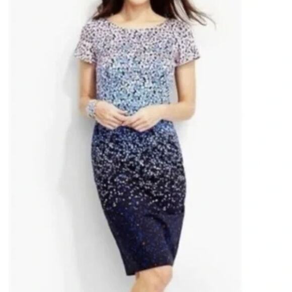 Talbots Blue Ombre Sheath Short Sleeve Flower Floral Dress Plus Size 16 - Picture 1 of 10